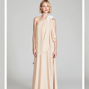 Halston SOLENA GEORGETTE GOWN One-Shoulder Cream Maxi Gown w/ Floral Accent NWT